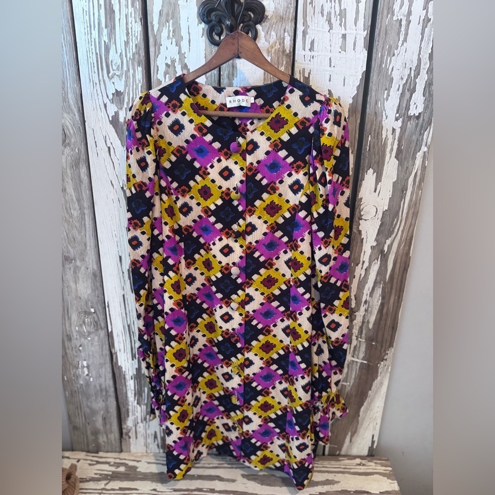 RHODE Nara Dress in Aquarelle Size Large Multicolor Geometric Pattern Button up